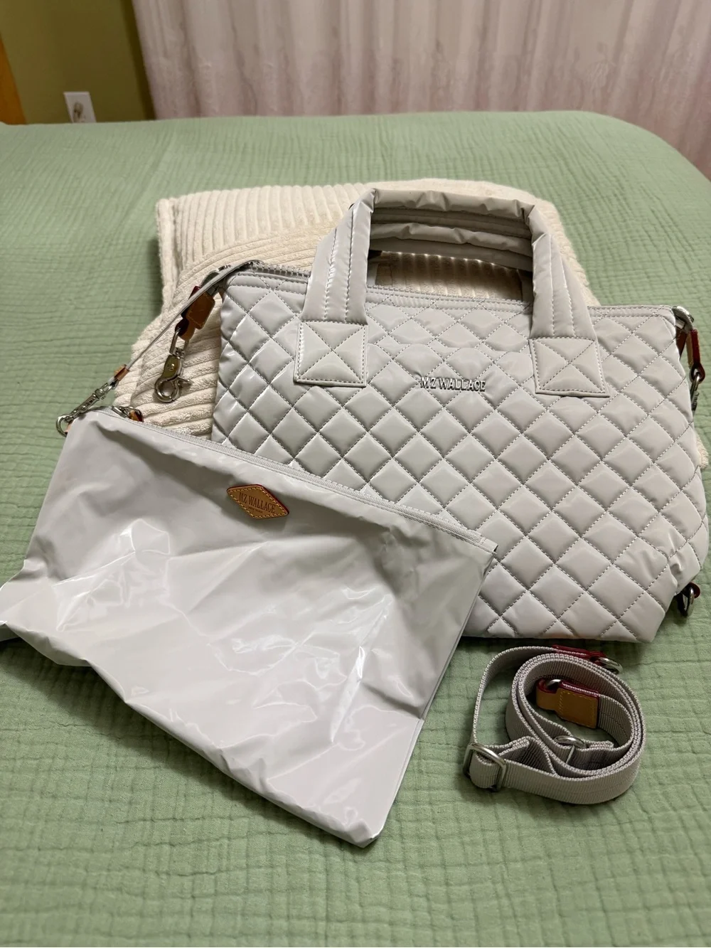 MZ Wallace Small Sutton Deluxe - metallic light grey quilted bag